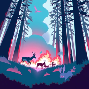 A dense forest filled with tall, charred trees and thick smoke rising into the sky. Flames engulf the underbrush and spread rapidly, illuminating the scene with an orange glow. In the foreground, a deer with a terrified expression darts away, while a family of rabbits scurries to escape the inferno. Birds take flight, their wings flapping in a panic as they flee the blaze. The air is thick with ash and the sound of crackling fire fills the atmosphere.