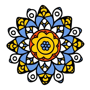 An intricate mandala with multiple layers of patterns and shapes is centered in the image. The mandala features a variety of geometric designs including circles, triangles, and floral motifs. Each layer has a unique pattern, with precise lines outlining the shapes and creating a sense of depth. The overall composition radiates from the center, showcasing detailed craftsmanship and symmetry throughout the design.
