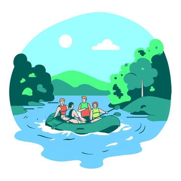 A teal group of rafters is navigating through gentle waves on a river. The rafters are wearing colorful life jackets and are paddling with enthusiasm. Above them, a bright white sun is shining in a clear blue sky, adding warmth to the scene. Lush green trees line the riverbanks, their leaves swaying gently in the breeze. In the background, there are small hills partially covered in greenery, enhancing the vibrant atmosphere of the sunny day.