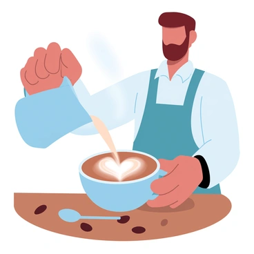 A barista with an apron is pouring steamed milk from a pitcher into a latte cup. The latte sits on a wooden counter, and the creamy milk forms a classic heart-shaped design on the surface of the coffee. The barista's hands are steady as the milk flows, creating intricate patterns. Surrounding the latte, there are scattered coffee beans and a small spoon resting beside the cup. The scene is warm and inviting, emphasizing the art of coffee-making.