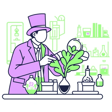A scientist wearing Victorian attire is carefully examining a plant specimen. The scientist has a top hat on their head and a long, tailored coat. They are holding a magnifying glass in their right hand, bringing it closer to the delicate leaves of the plant, which is placed on a wooden table. The table has several other specimens in jars, with labels attached to them. The background consists of bookshelves filled with various scientific texts and glassware, adding to the atmosphere of a Victorian laboratory.