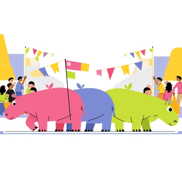 A parade of hippos marching down a colorful street. Each hippo is holding a different national flag proudly above its head. The first hippo is painted in a bright pink shade, while the next is a cheerful blue, followed by a green hippo with a playful expression. The street is lined with cheerful spectators, including children and families waving their hands in excitement. Brightly colored banners hang above the street, adding to the festive atmosphere. The sky is clear and sunny, completing the lively scene.