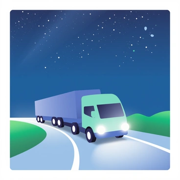 A large transport truck with bright, white headlights is driving along a highway. The headlights illuminate the road ahead, casting a glow on the asphalt. The truck is painted in a vibrant blue color, and its cargo area is closed. The highway stretches into the distance, flanked by green grass on either side. Above, a deep blue starry sky is filled with numerous twinkling stars, and a faint hint of the Milky Way is visible. The scene captures the essence of nighttime travel, with the truck speeding confidently along the open road.