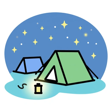 A campsite featuring a large green tent and a smaller blue tent set on a grassy area. In the foreground, there is a glowing lantern on the ground, casting light around it. Above, the night sky is filled with stars, prominently showcasing the outline of the "Big Dipper." Scattered throughout the scene, there are small glowing fireflies around the tents, creating a lively atmosphere.
