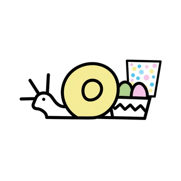 A snail with a shiny, spiraled shell is moving slowly across a light-colored surface. It has a tiny basket secured on its back, filled with colorful Easter eggs in various pastel shades. The snail is extending one of its antennae forward, while the other antenna is resting. An Easter card, decorated with cheerful patterns, is tucked beside the basket, clearly visible. The scene captures the essence of Easter with the vibrant colors and the details of the snail's shell.