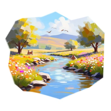 A vibrant river winding through a flourishing landscape filled with green hills and colorful wildflowers. The river's surface is shimmering under the sunlight, reflecting shades of blue and hints of green. Along the riverbanks, various trees with lush foliage create a natural frame, while birds can be seen flying above and small animals, such as rabbits and deer, make their way to the water. In the distance, rolling hills rise majestically, covered in a patchwork of grass and blooming flowers, showcasing the life and vibrancy of the area.