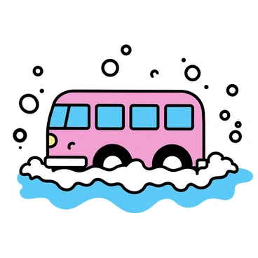 A toy bus with bright red and blue colors is floating on the surface of bubbly water. The bus has small wheels and windows, adding to its playful design. Surrounding the bus, there are numerous translucent bubbles of various sizes, reflecting light and creating a joyful atmosphere. The water has a frothy texture, with clusters of bubbles forming a soft, white layer around the bus. In the background, hints of playful bath toys are visible, enhancing the cheerful scene.