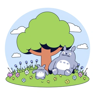 A serene landscape featuring Totoro sitting in a peaceful meadow under a large tree.
