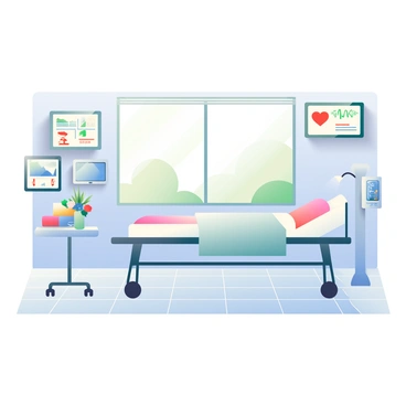 A hospital room is filled with advanced PMAT devices, all designed to assist in patient recovery and monitoring. The room features a large window allowing natural light to brighten the space. A comfortable hospital bed is positioned in the center, with crisp, white linens neatly arranged. Beside the bed, a PMAT device with a digital screen displays real-time patient data and vital signs. Multiple monitors are mounted on the walls, showing various health metrics. There is a small table with a vase of fresh flowers and a stack of medical supplies. The floor is tiled with light-colored ceramic tiles, adding to the clean and sterile environment of the hospital room.