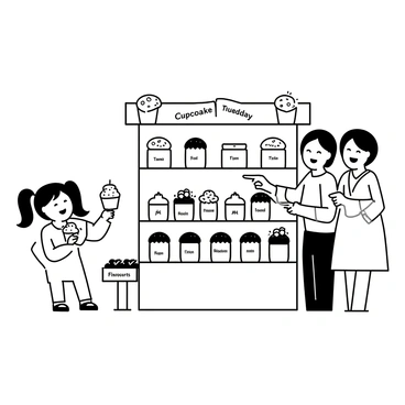 A whimsical cupcake stand with various cupcakes arranged in an appealing manner. Each cupcake has a label that reads "Tuesday" prominently displayed. The stand is adorned with playful decorations and features a variety of cupcake designs, including swirls and sprinkles. Surrounding the stand are happy customers, including a child with pigtails holding a cupcake and an adult smiling while pointing at the selection. There are additional details such as a small table with napkins and a sign showcasing the flavors available.