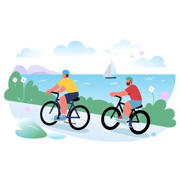 Two cyclists are riding hybrid bikes along a designated bike lane. The first cyclist is wearing a bright blue helmet and a yellow jersey, while the second cyclist sports a green helmet and a red shirt. The bike lane is bordered by lush greenery and flowers. In the background, a scenic waterfront stretches out, featuring gentle waves lapping at the shore and distant sailboats gliding on the water. The sky is painted in soft gradient pastel colors, enhancing the tranquil atmosphere of the scene.