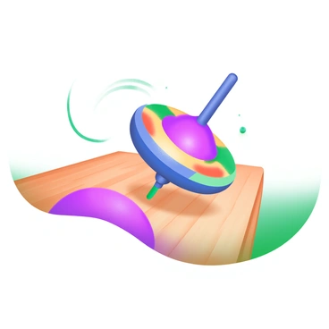 A brightly colored spinning top whirling on a wooden floor. The spinning top features vibrant patterns of red, blue, yellow, and green, creating a lively appearance as it rotates. The wooden floor showcases a warm, natural grain, with sunlight casting soft shadows around the base of the top. Small dust particles are caught in the light, adding a sense of motion to the scene.