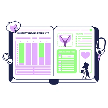 A health magazine article layout is displayed on an open page. At the top, there is the title "Understanding Penis Size" in bold font. Below the title, on the left side, there is an infographic featuring a penis size chart. The chart includes various graphics showing different lengths and widths, each labeled clearly. To the right of the infographic, there are blocks of text with detailed information about average sizes and health implications, presented in an organized manner with bullet points. Additionally, there are relevant illustrations such as a stethoscope and a silhouette of a human figure, placed around the text to enhance the visual appeal. The overall layout is clean and professional, designed to convey important health information effectively.