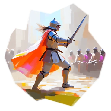 A master swordsman with a strong build and a determined expression stands confidently, holding a gleaming sword drawn in front of him. He wears a fitted, dark tunic and leather armor that highlight his athletic form. His long hair flows slightly in the breeze, adding to his commanding presence. The dueling stance is poised, with one foot forward, showcasing his readiness for the duel. The background hints at a grassy arena, with a few spectators watching intently, capturing the tension of the moment.