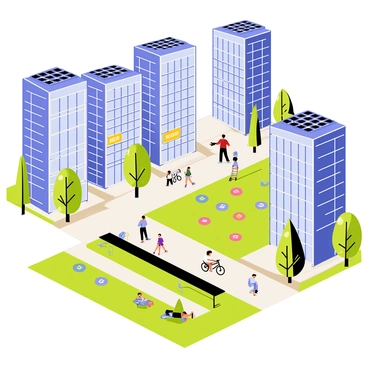A bustling city center filled with tall buildings showcasing glass facades and vibrant signage. The streets are busy with pedestrians and cyclists moving through the area. Solar panels are installed on the rooftops of several buildings, gleaming under the sunlight. Green spaces with neatly trimmed grass and colorful flower beds are scattered throughout the city, providing patches of nature among the urban environment. A few trees provide shade, and people can be seen relaxing on benches, enjoying the scenery around them.