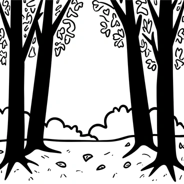 A dense forest with tall trees stretching upward, their trunks thick and textured. The trees are adorned with patterned leaves that create intricate shapes against the backdrop. Soft, dappled light filters through the leaves, casting shadows on the forest floor covered in fallen leaves and twigs. In the distance, the outline of additional foliage creates depth, while the open space above reveals a clear sky.
