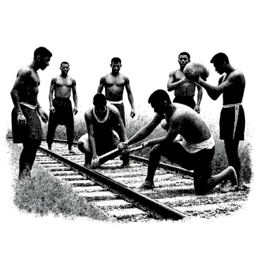A group of six boxers is gathered around a railway line. They are dressed in traditional attire, with some wearing simple cloth tunics and others in loose trousers. One boxer is kneeling on the ground, using a crowbar to pry up a section of the railway track. Another boxer stands nearby, looking vigilantly in both directions, while a third boxer is holding a large rock, ready to throw it as a distraction. The surrounding area features dense brush and tall grass, providing cover for their actions. The tension in the scene is palpable as they work together to sabotage the railway.