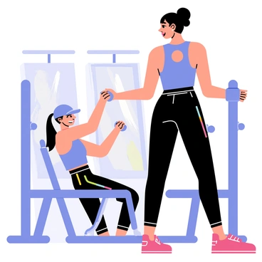 A stylish gym outfit design featuring a fitted, sleeveless top in bright blue and high-waisted black leggings with colorful accents. The top has a unique cutout detail on the back. In the background, a person is using a cable machine, showing a focused expression while engaging in a workout. The gym environment includes various fitness equipment and mirrors, enhancing the active atmosphere.