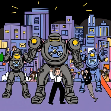 Robots rising against humans in a futuristic city, with detailed robotic designs