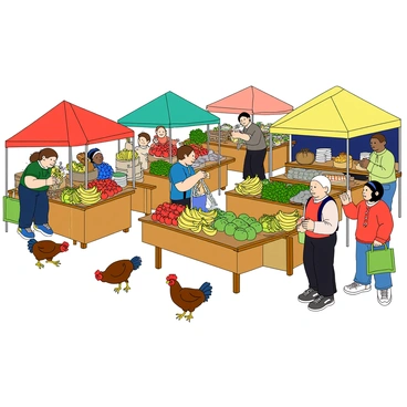 A bustling farmers' market with hens wandering among stalls