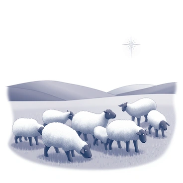 A group of sheep is grazing peacefully in a lush green field. The sheep are fluffy with woolly coats, some are gathered together while others are spread out, enjoying the grass. Above them, the "star of Bethlehem" shines brightly in the sky, casting a gentle light. The field is surrounded by rolling hills in the distance, enhancing the serene atmosphere of the scene.
