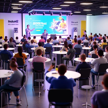An indoor product launch event is taking place with a modern design. There are several high tables set up, decorated with company branding and colorful promotional materials. Enthusiastic clients, a diverse group of men and women of various ages, are gathered around the tables, some holding smartphones and taking photos. They are dressed in smart casual attire, capturing moments of excitement. In the background, a large screen displays the new product with vibrant graphics, and an engaging presenter is showcasing it to the audience. The atmosphere is lively, with bright lights and decorations that enhance the celebratory feel of the event.