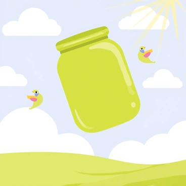 A green pickle jar with a shiny glass surface is floating high in the sky. The sky is filled with large, fluffy white clouds, creating a bright and cheerful atmosphere. Rays of sunlight peek through the clouds, highlighting the pickle jar's surface. A couple of small birds can be seen curiously flying around the jar, adding to the playful scene. Below, the landscape is a soft green, suggesting a lush meadow.