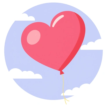 A large, red heart-shaped balloon is floating in a blue sky. The balloon has a shiny surface that reflects sunlight. Soft, white clouds are scattered around the balloon, varying in size and shape. The balloon is tethered by a thin string that gently sways in the air. The scene conveys a feeling of lightness and joy as the balloon drifts among the clouds.
