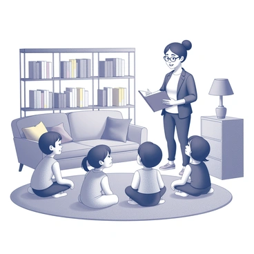 A teacher stands in front of a cozy reading nook, animatedly gesturing as they tell a story. The teacher has a bright expression, with wide eyes and a smile, engaging the children's attention. A group of children sits in a semi-circle around the teacher, their faces filled with curiosity and delight. The reading nook is filled with colorful cushions and soft blankets, creating a warm and inviting atmosphere. Bookshelves filled with various books line the background, and a small lamp provides gentle lighting, emphasizing the intimate setting. Some children lean in closer, while others are seated cross-legged, captivated by the unfolding tale.