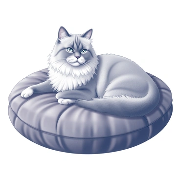 A Persian cat is reclining gracefully on a plush velvet cushion. The cat has a thick, luxurious coat with long fur that cascades around its body. Its large, expressive eyes are gazing softly towards the viewer, while its ears are perked up, showing alertness. The cushion is round and richly textured, with folds and creases that emphasize the softness. The overall scene conveys a sense of comfort and tranquility, highlighting the cat's regal posture and the sumptuousness of its resting place.