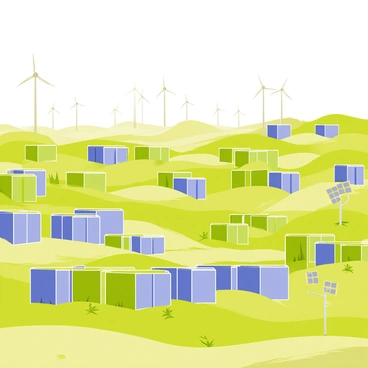 A large field filled with numerous battery storage units arranged in neat rows. The battery units are rectangular and metallic, showcasing various shades of green and blue. Sunlight illuminates the scene, reflecting off the surfaces of the units. In the background, wind turbines with white blades spin gently against a clear blue sky. A few solar panels are scattered throughout the field, contributing to the renewable energy theme. The landscape is surrounded by rolling hills and patches of grass, completing the natural setting.