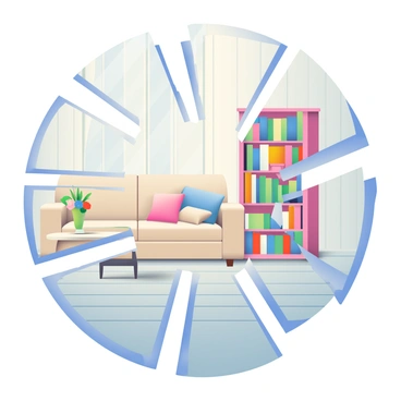 A cracked mirror with multiple jagged shards is positioned against a wooden wall. Each fragment reflects a distorted view of an elegantly decorated room. The room features a plush, light-colored sofa with decorative pillows and a round coffee table adorned with a vase of fresh flowers. A tall bookshelf filled with colorful books stands against the opposite wall. Soft light filters in through sheer curtains, casting gentle shadows on the floor. The overall scene captures the chaotic beauty of the broken mirror and its unique reflections.