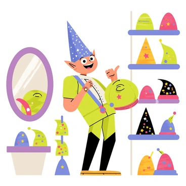 An elf with pointed ears and a playful expression stands in a whimsical hat shop. The shop is filled with colorful hats of all shapes and sizes. The elf is trying on a tall, sparkling blue hat adorned with stars. Nearby, a round green hat with soft feathers and a shiny red ribbon sits on a shelf. There is a mirror reflecting the elf's delighted face as they admire the hats. Around the shop, shelves are overflowing with hats featuring patterns like polka dots, stripes, and floral designs, creating a vibrant atmosphere. A friendly shopkeeper, also an elf, gestures towards a particularly tall, twisted hat with a glowing tip.