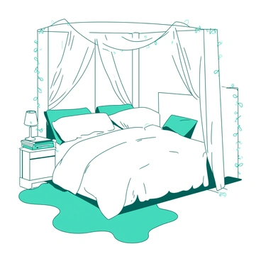 A white bedroom features a large canopy bed draped with sheer fabric hanging from the ceiling. The bed is covered with fluffy pillows and a soft comforter. Surrounding the bed, there are glowing teal fairy lights strung along the walls, casting a warm illumination throughout the room. In one corner, a small white nightstand holds a stack of books and a delicate lamp. A plush teal rug lies on the floor, completing the cozy atmosphere of the space.