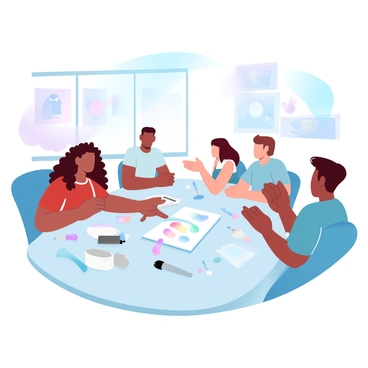 A diverse group of international students is seated around a large table in a common room. The students are engaged in animated discussion about their art projects. One student with curly hair is pointing at a sketch on the table, while another student, with straight hair, is taking notes. A student with short hair is sharing ideas, gesturing with their hands. The room is filled with colorful art supplies like paint tubes and brushes scattered across the table. Posters of various artworks decorate the walls, adding a vibrant atmosphere to the space. A large window lets in soft light, illuminating the scene.