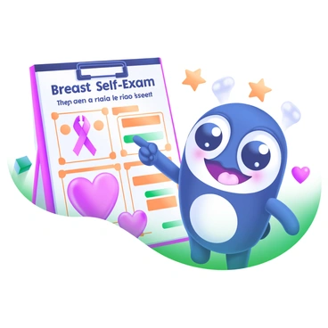 A cute cartoon character with large, expressive eyes and a friendly smile stands in a bright, colorful environment. The character is depicted in a cheerful pose, pointing to an illustrated guide that outlines the key steps of a breast self-exam. The guide features clear, simple graphics and labeled arrows to indicate each step. Surrounding the character are playful elements like hearts and stars to emphasize the friendly tone of the message. The overall composition is inviting and educational, creating a positive atmosphere for learning.