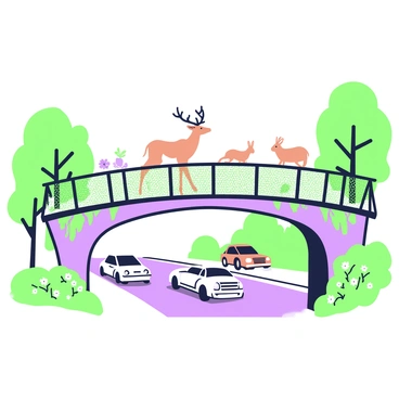 A wildlife bridge spans over a busy highway, designed with natural textures and materials. The bridge features wooden beams and a green mesh covering, blending into the surrounding environment. On the bridge, a deer is gracefully walking across while a family of rabbits is gathered at the side, looking cautiously towards the highway below. In the background, lush trees frame the entrance of the bridge, and wildflowers peek through the edges of the structure. Below, vehicles can be seen traveling on the highway, creating a contrast between the busy road and the peaceful wildlife area.