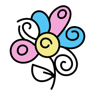 A flower with multiple petals, each petal featuring intricate swirling patterns. The petals have bright colors such as vibrant pinks, deep blues, and vivid yellows. The center of the flower is detailed with a circular shape that contrasts the petals. The background is minimal to keep the focus on the flower's dynamic structure and color scheme.