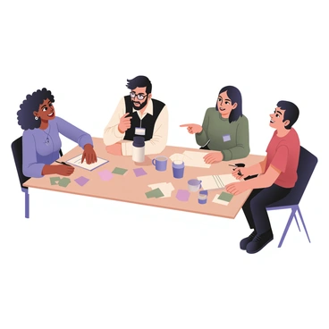 A digital flat illustration featuring a diverse team of entrepreneurs gathered around a large rectangular table. The table is covered with scattered notes, colorful sticky notes, and multiple coffee cups. On the left, there is a woman with dark skin and curly hair wearing a blue blouse and glasses, jotting down ideas on a notepad. Next to her, a man with light skin and a beard is dressed in a white shirt and black sweater, discussing enthusiastically. On the right side of the table, a woman with medium skin and straight black hair is wearing a green shirt and is pointing at a document. Opposite her, a man with tan skin and short hair in a red t-shirt is leaning back in his chair, holding a coffee cup and smiling. The atmosphere is energetic and collaborative.