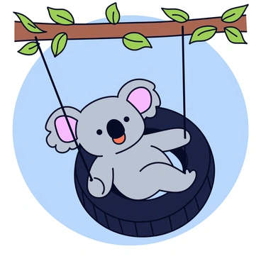 A joyful koala with gray fur and fluffy ears is swinging on a tire swing made from an old black tire. The swing is hanging from a sturdy brown tree branch adorned with green leaves. The koala has a big smile on its face as it enjoys the motion, with its small paws gripping the edges of the tire. The backdrop features a clear blue sky, enhancing the cheerful atmosphere of the scene.