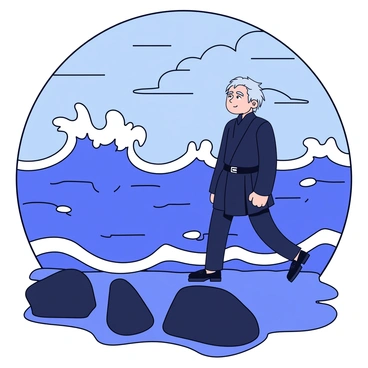 Anakin is standing on a rocky shore with dark, jagged rocks around his feet. He is dressed in dark clothing, which flutters slightly in the wind. The sea in front of him is turbulent, with large, crashing waves that create white foam at their crests. The sky above is filled with dark, ominous clouds, hinting at an approaching storm. Anakin is gazing intently at the horizon, where the sea meets the sky, conveying a sense of determination.