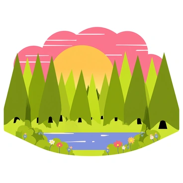 A sunset with vibrant orange, pink, and purple hues filling the sky. The sun is low on the horizon, casting soft light over a sprawling forest landscape filled with tall green trees. The treetops are illuminated by the warm colors of the sunset. In the foreground, a small clearing is visible with patches of colorful wildflowers, adding to the rich palette of the scene. The overall atmosphere is peaceful and inviting, capturing the beauty of nature at dusk.