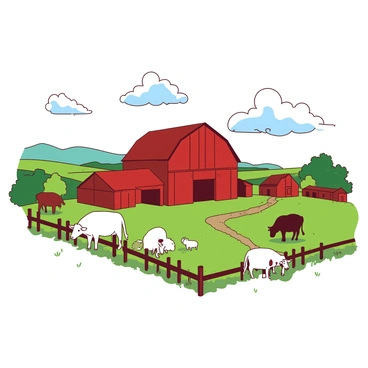 A duotone illustration features a large "red barn" set against a backdrop of "green fields" stretching out under a clear sky. In the foreground, there are various "grazing animals," including a few cows and sheep leisurely munching on the grass. A wooden fence lines the edge of the field, and there is a dirt path leading up to the barn. Fluffy clouds drift softly above the scene, adding a touch of tranquility to the rural landscape.