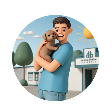 A person, wearing a bright blue t-shirt and denim jeans, is standing outside an animal shelter. They are holding a small, fluffy brown puppy in their arms. The puppy has big, expressive eyes and is playfully nuzzling against the person's cheek. The person is smiling broadly, showcasing a joyful expression as they look down at the puppy. Behind them, the shelter building is visible, featuring a welcoming entrance with a sign that says "Animal Shelter." A few trees are in the background, and the sun is shining brightly, creating a cheerful atmosphere.