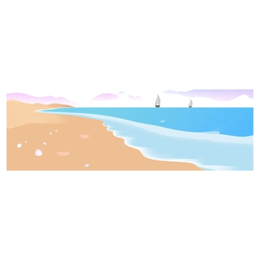 A wide beach panorama captures the changing tide throughout the day. The left side of the image shows soft golden sand with small, scattered seashells and gentle waves lapping at the shore. In the center, the tide is slightly higher, with more water reaching the wet sand, reflecting shades of blue and light aqua colors. On the right side, the tide is fully in, with a deeper blue ocean and foam cresting over the waves. Above, the sky transitions from bright morning light to a soft pastel orange and pink hue, indicating sunset. Silhouettes of distant sailboats drift on the horizon, completing the coastal scene.