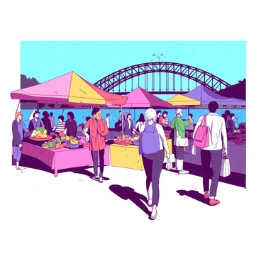 A view of a vibrant market set up near the "Sydney Harbour Bridge." The market features several colorful stalls, each adorned with bright canopies in various shades. Vendors are engaging with customers, with fruits, vegetables, and handmade crafts displayed prominently on their tables. People of different ages and backgrounds are walking through the market, some carrying shopping bags. In the background, the iconic structure of the "Sydney Harbour Bridge" is visible against a clear blue sky. The scene conveys a lively atmosphere filled with activity and interaction.