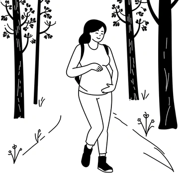 A pregnant woman hiking along a forest trail, surrounded by tall trees with textured bark and dense foliage. She is wearing a comfortable, loose-fitting hiking outfit and sturdy boots. Her hands rest gently on her rounded belly as she walks. The trail winds through the trees, with sunlight filtering through the leaves above, casting dappled shadows on the ground. Small shrubs and wildflowers line the path, enhancing the natural scenery. The woman looks content and focused as she enjoys her hike.