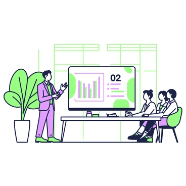 An entrepreneur is standing confidently at the front of a modern conference room, delivering a business pitch. The entrepreneur is wearing a tailored suit and has a professional demeanor. In front of them, a large screen displays a colorful presentation slide with graphs and statistics. The audience, comprised of diverse individuals seated at a long table, watches attentively, some taking notes. The conference room features large windows with natural light streaming in, and a large potted plant is situated in one corner of the room.