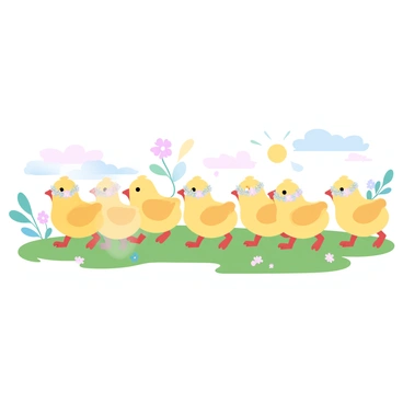 A parade of little chicks is marching in a straight line across a grassy field. Each chick is adorned with a tiny flower crown made of colorful blossoms. The chicks vary in shades of yellow and have soft, downy feathers. Behind them, there are patches of vibrant flowers blooming in the grass, adding to the cheerful atmosphere. The sun is shining brightly, and a gentle breeze rustles the grass, creating a lively scene.