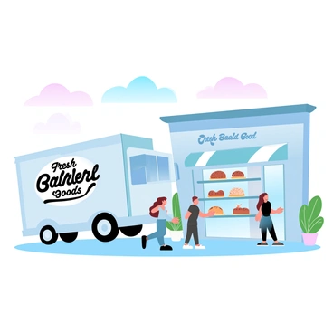 A quaint bakery delivery truck is parked outside a bustling bakery. The truck features a logo on the side that reads "Fresh Baked Goods" in an elegant font. The bakery has large glass windows displaying an array of colorful pastries and bread. There are several people outside, some are walking by, while others are standing in line, eagerly waiting to enter. A few potted plants are arranged neatly by the entrance of the bakery, adding a touch of greenery to the scene. The sky above is painted in soft pastel colors, enhancing the vibrant atmosphere of the location.
